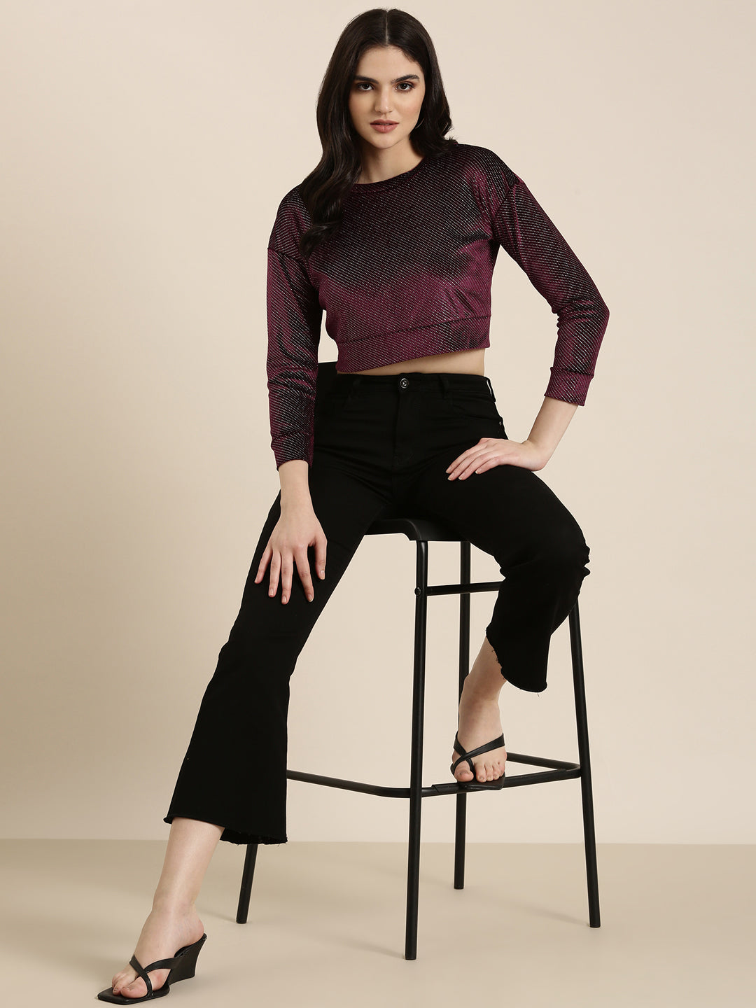 Women's Violet Self Design Crop Top