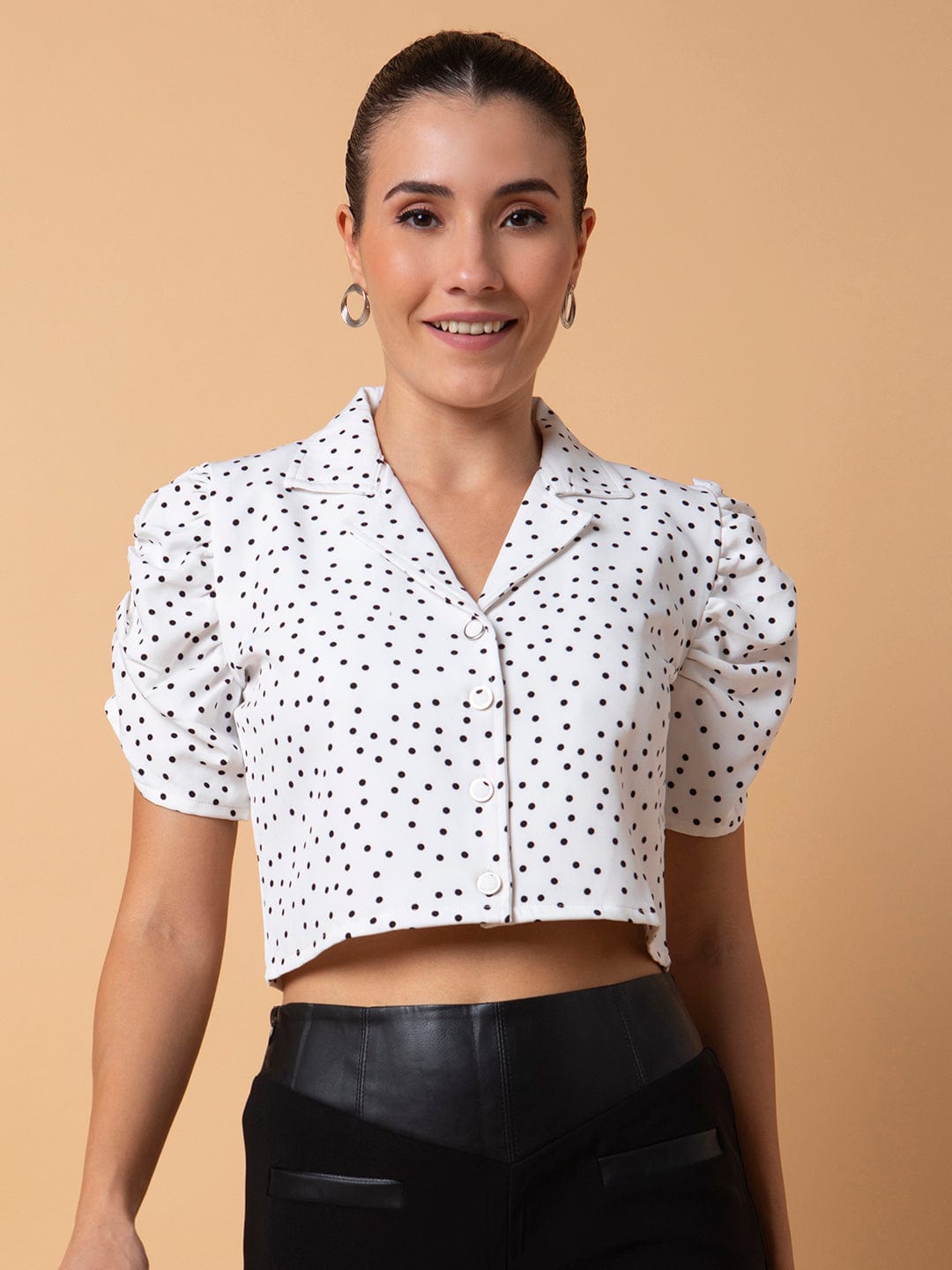Women's White Polka Dots Printed Lapel Collar Cotton Top