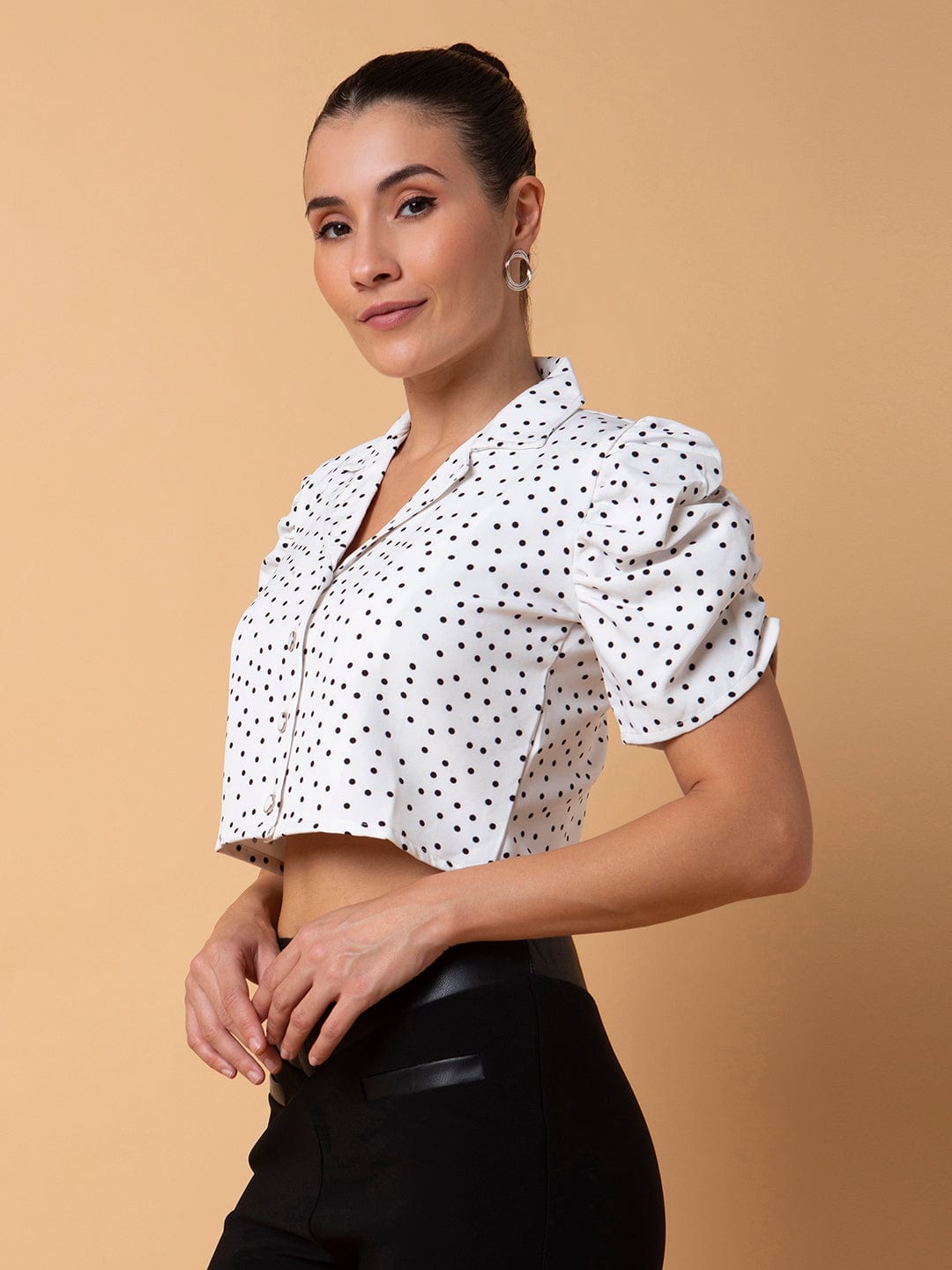 Women's White Polka Dots Printed Lapel Collar Cotton Top