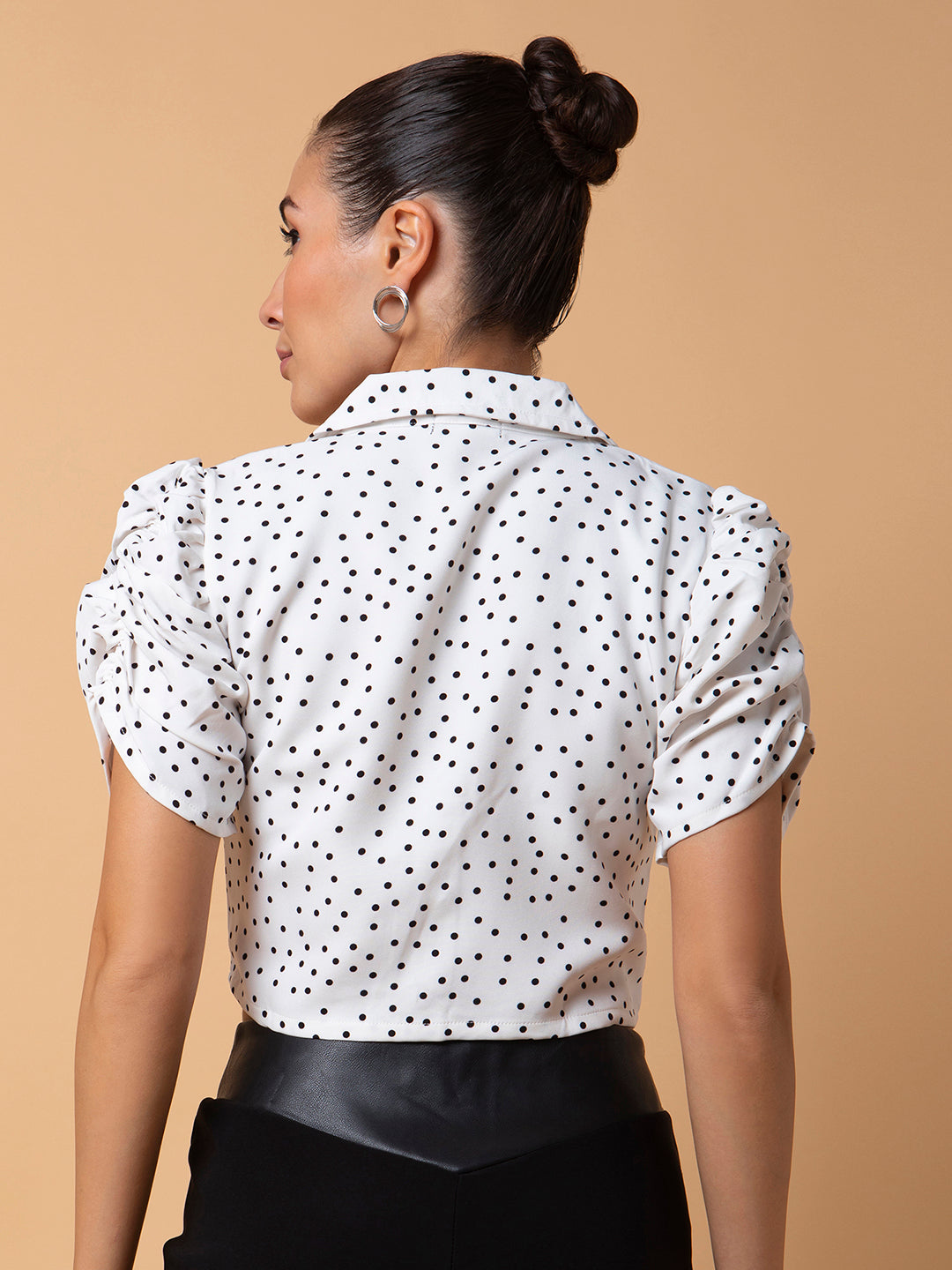 Women's White Polka Dots Printed Lapel Collar Cotton Top