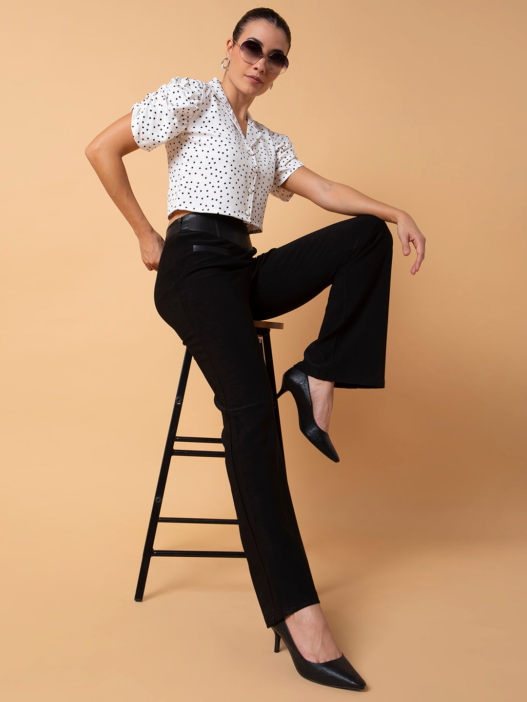 Women's White Polka Dots Printed Lapel Collar Cotton Top