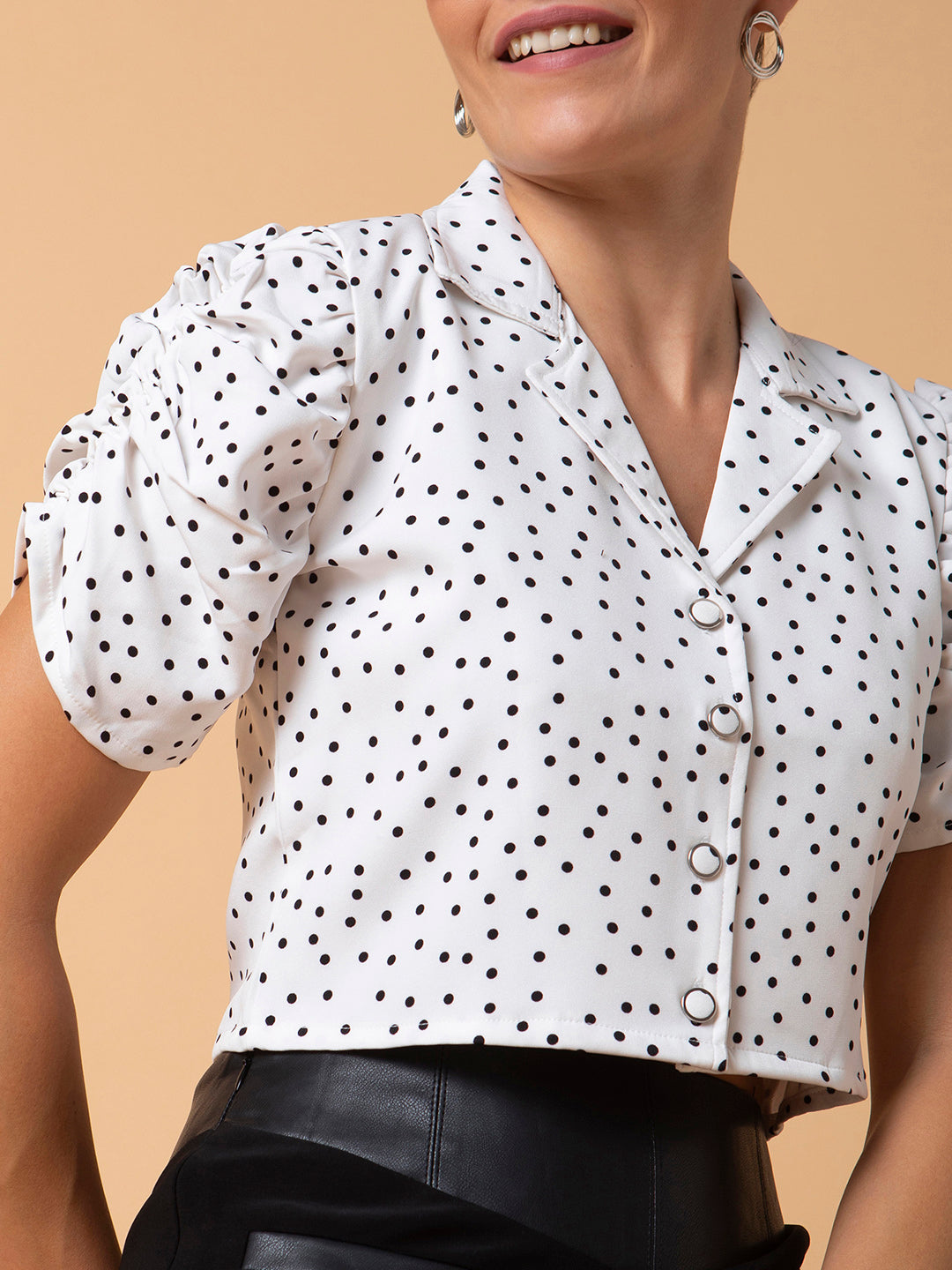 Women's White Polka Dots Printed Lapel Collar Cotton Top