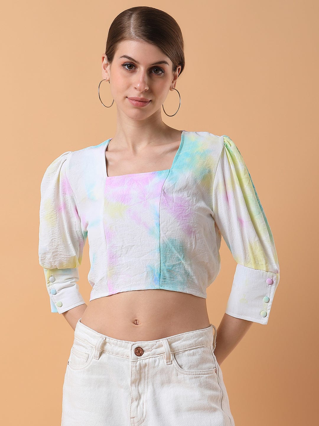 Women's Multi Tie and Dye Abstract Square Neck Cotton Top