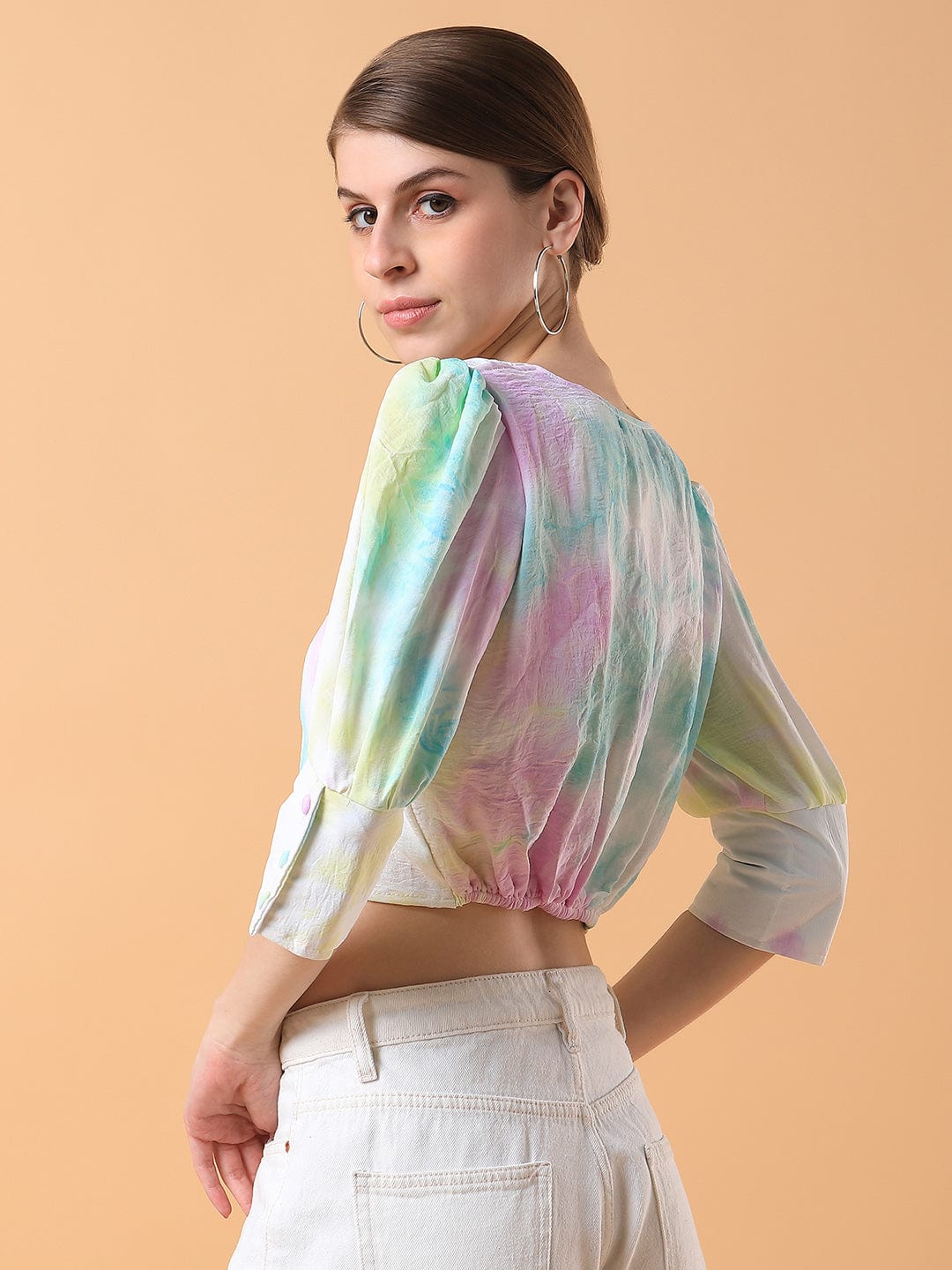 Women's Multi Tie and Dye Abstract Square Neck Cotton Top