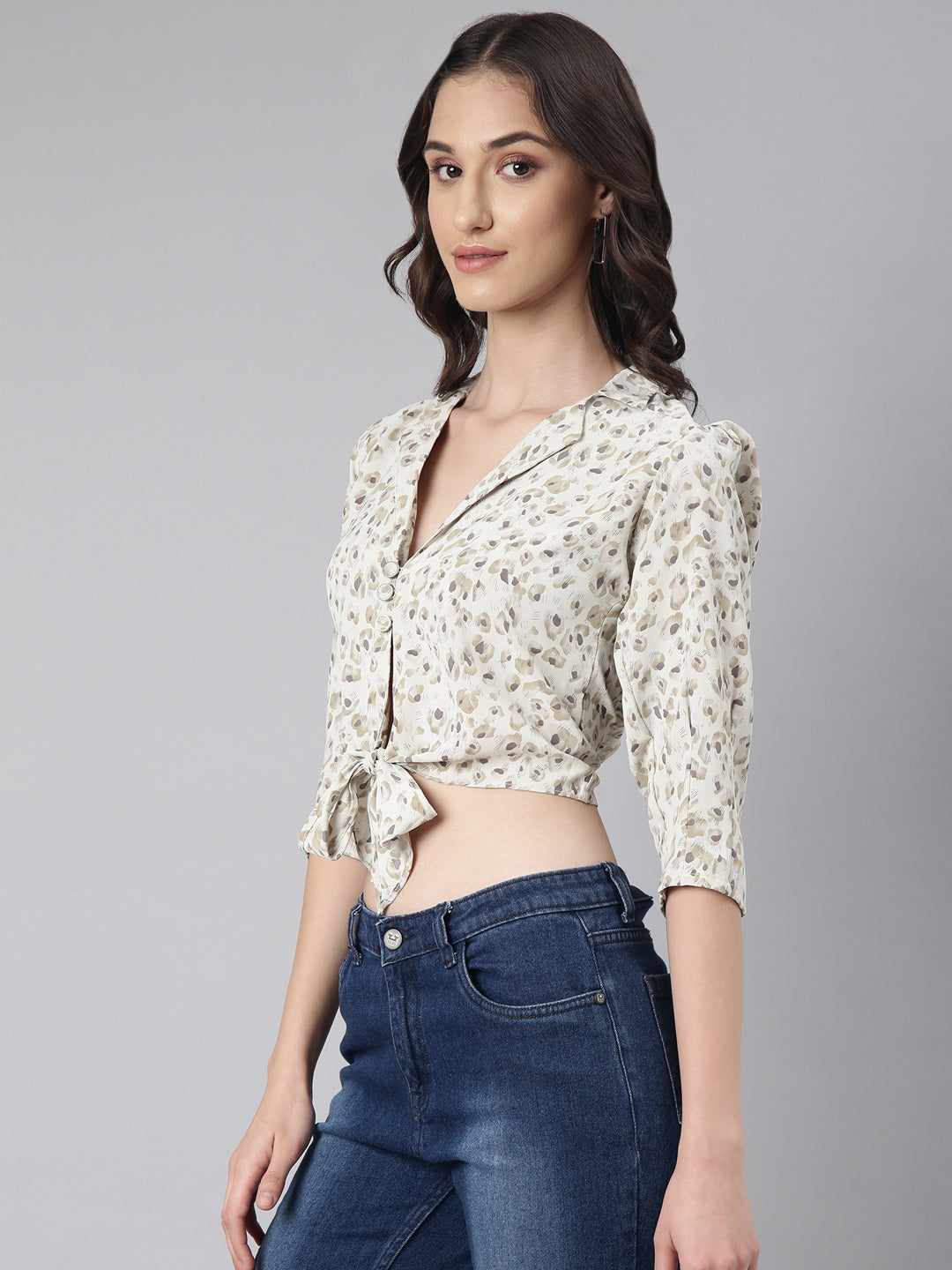 Women's Off White Abstract Printed Puffed Sleeves Tie-Ups Shirt Style Crop Top