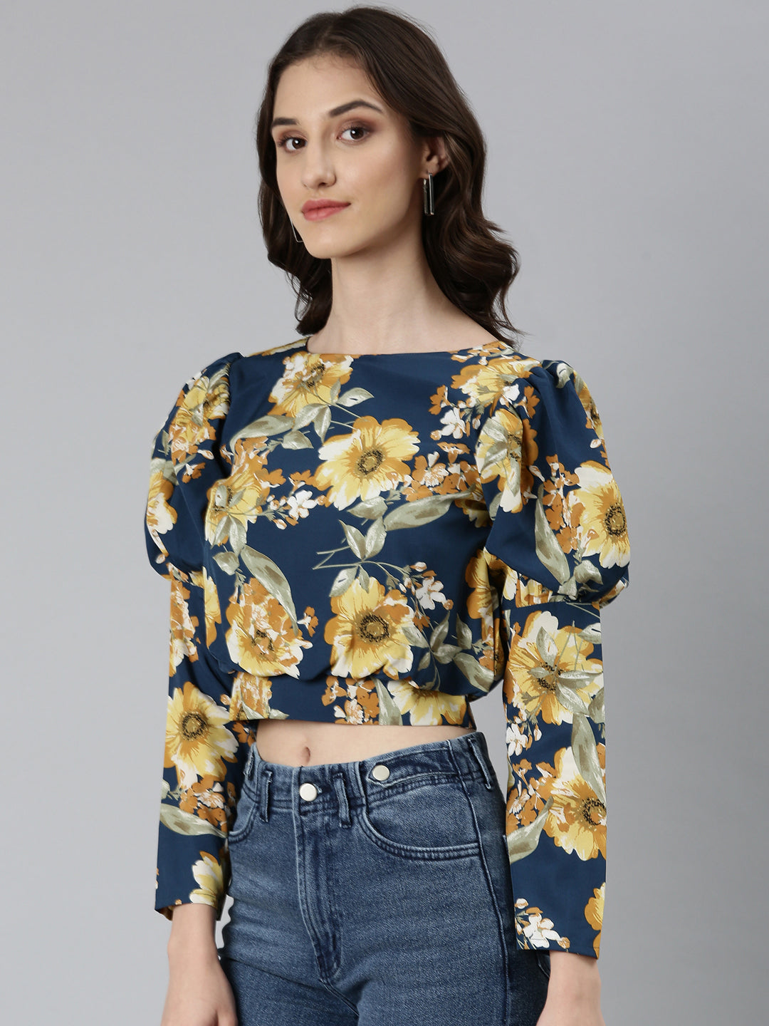 Women's Teal Floral Printed Puffed Sleeves Crepe Blouson Crop Top