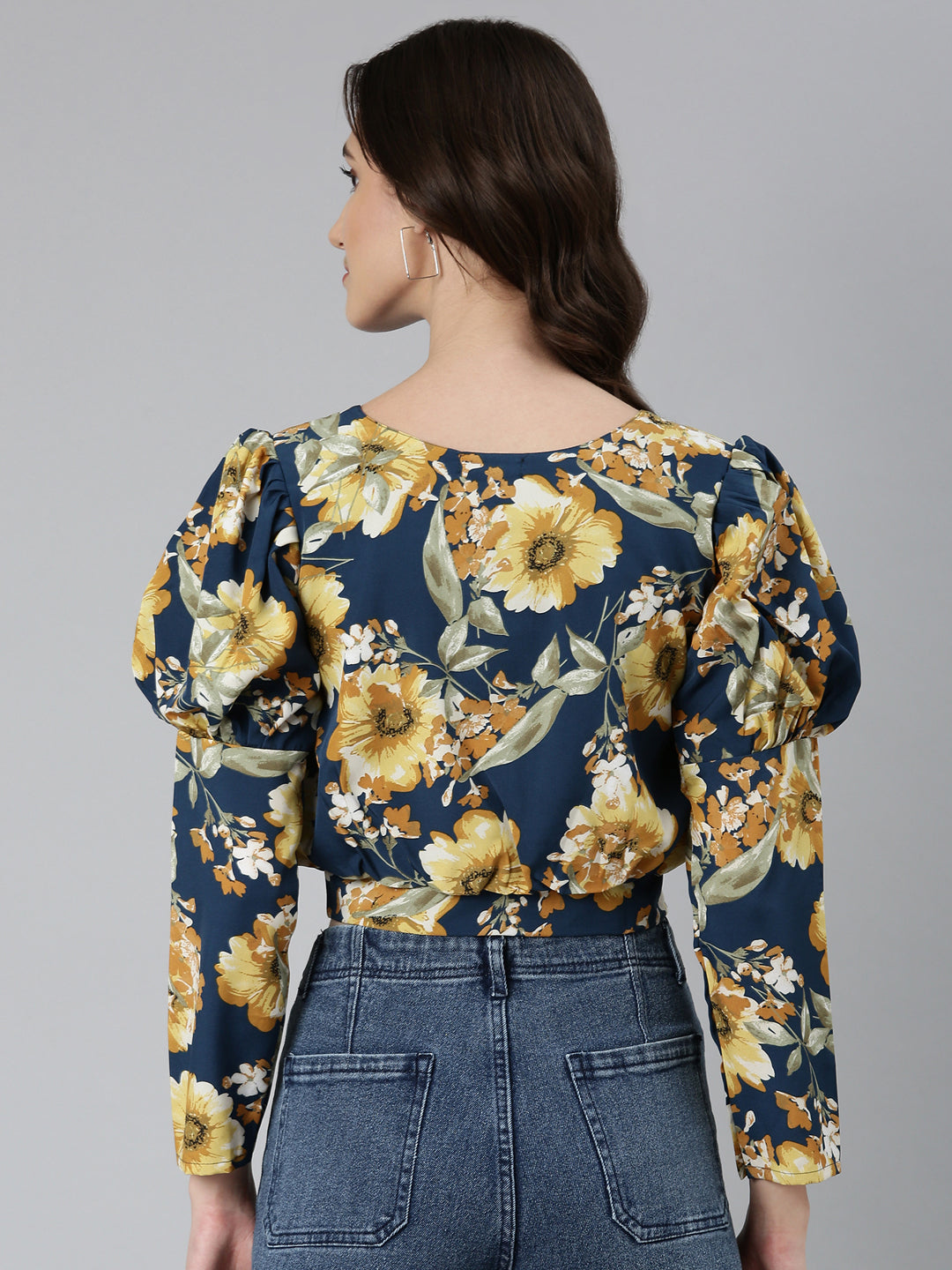 Women's Teal Floral Printed Puffed Sleeves Crepe Blouson Crop Top