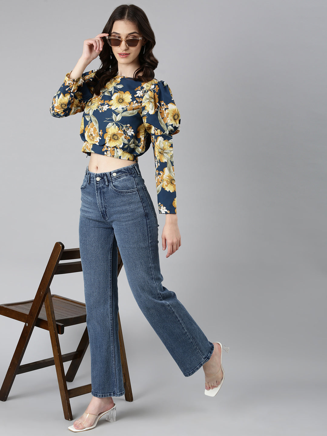 Women's Teal Floral Printed Puffed Sleeves Crepe Blouson Crop Top