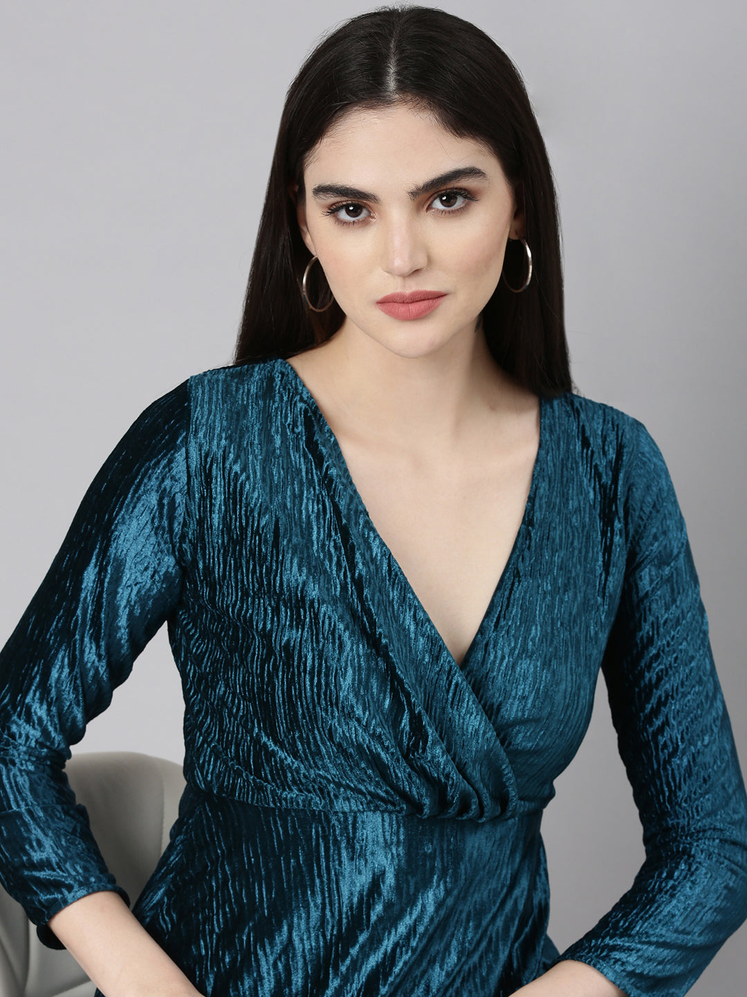 Women's Teal V-Neck Puff Sleeve Velvet Dress