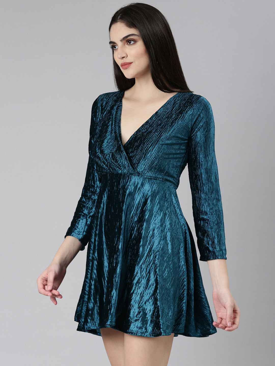 Women's Teal V-Neck Puff Sleeve Velvet Dress