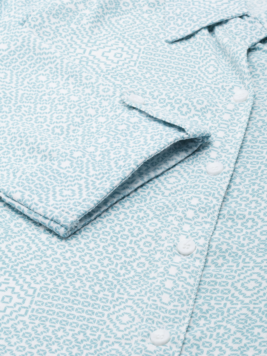 Women's White Geometric Printed Shirt Collar Roll-Up Sleeves Belted Midi Shirt Dress