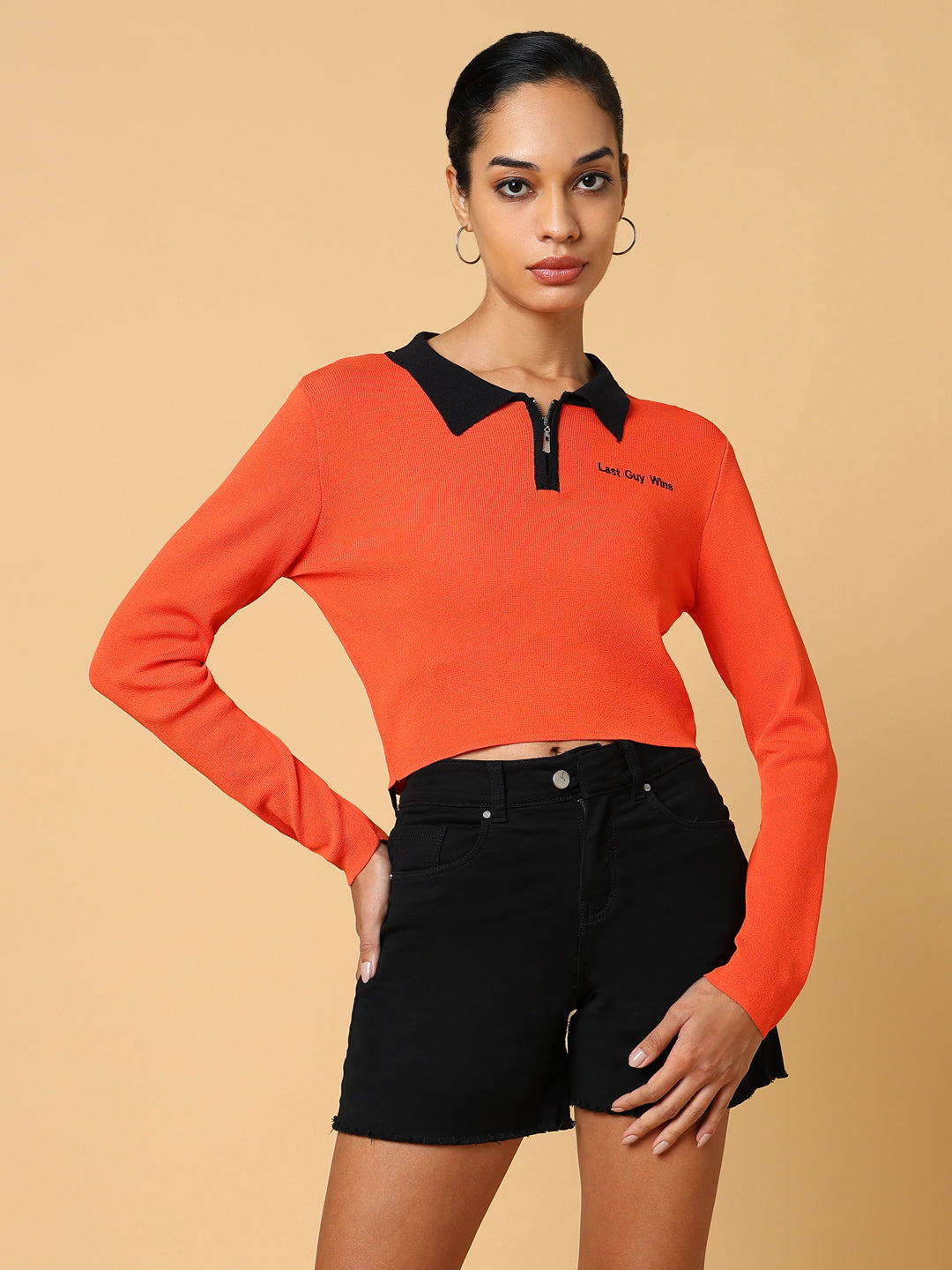 Women's Orange Solid Shirt Collar Top