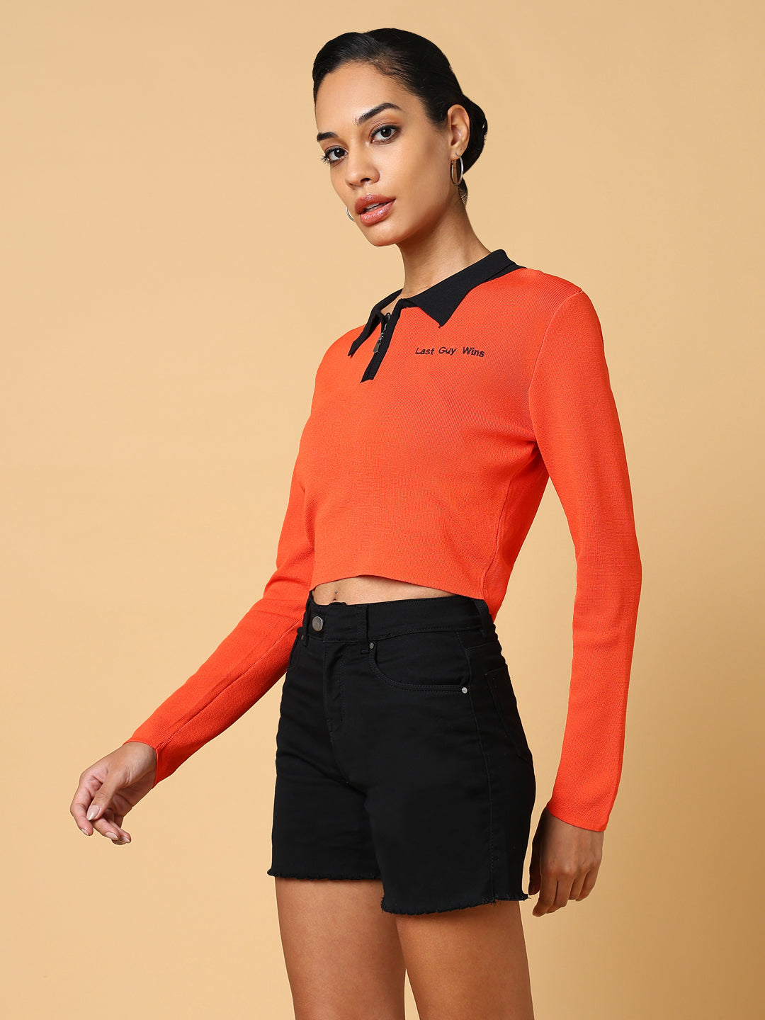 Women's Orange Solid Shirt Collar Top
