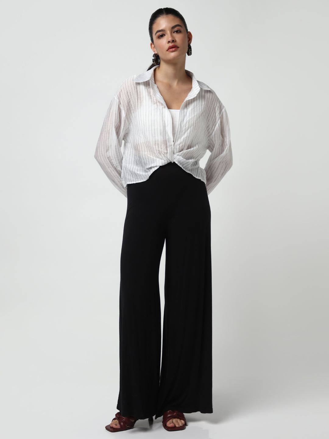 Women's White Striped Shirt Style Crop Top