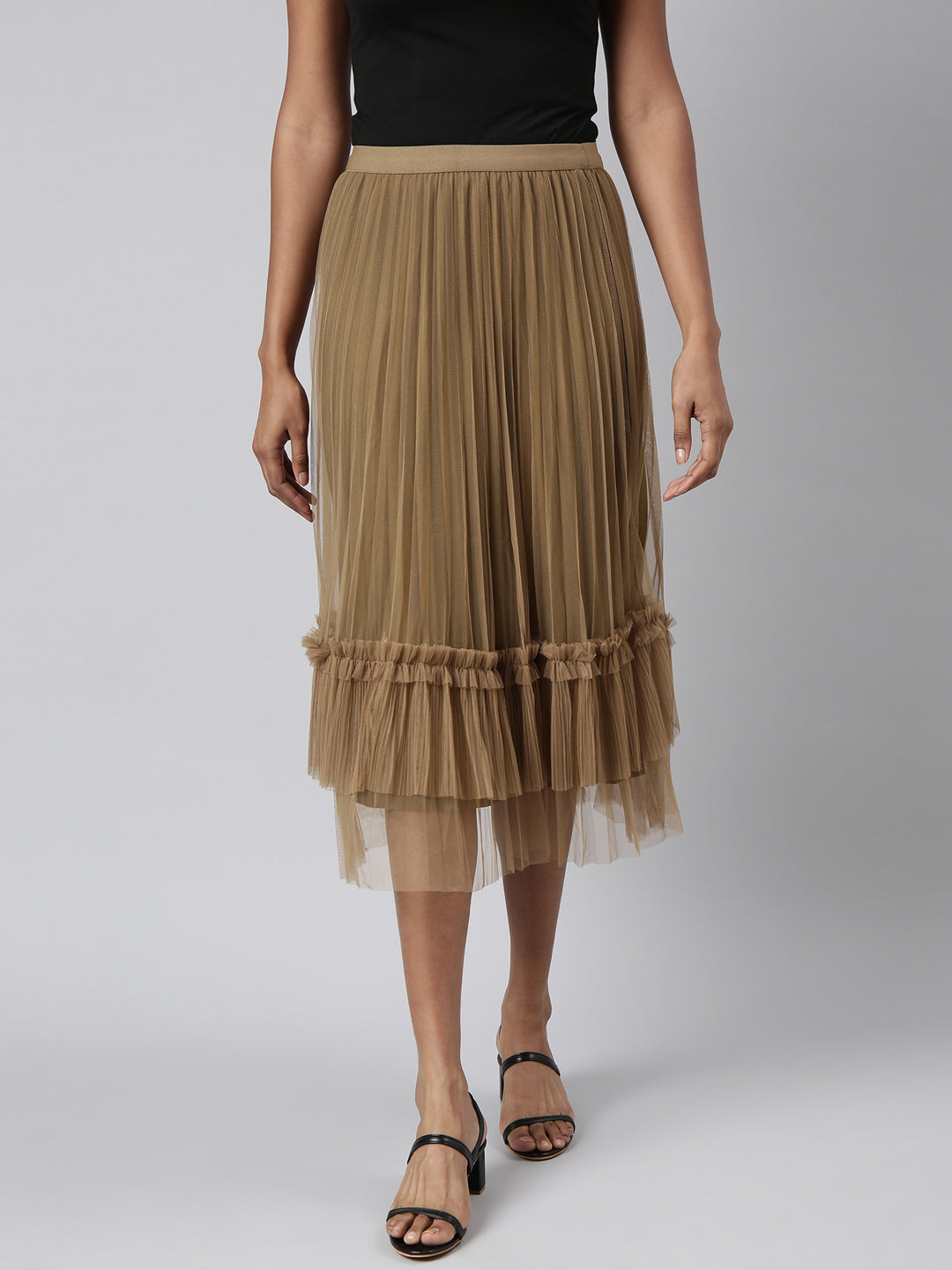 Women's Brown Pleated Flared Midi Skirt