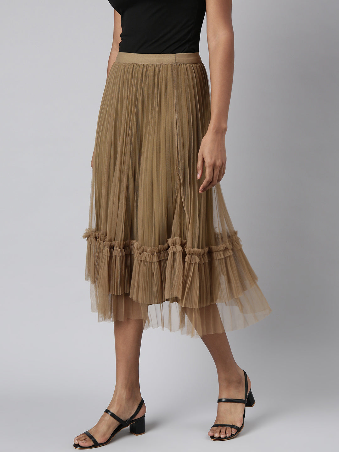 Women's Brown Pleated Flared Midi Skirt