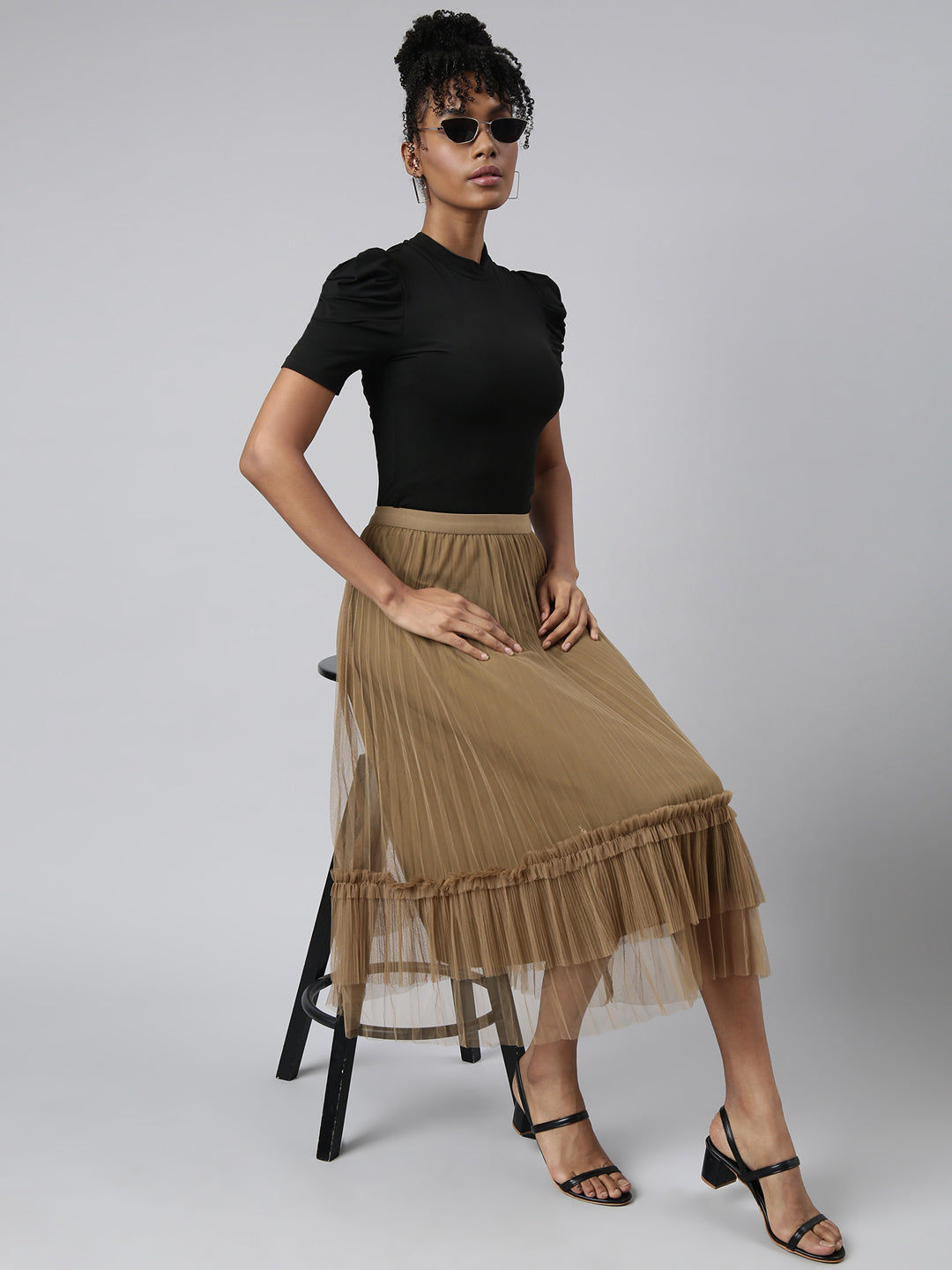 Women's Brown Pleated Flared Midi Skirt