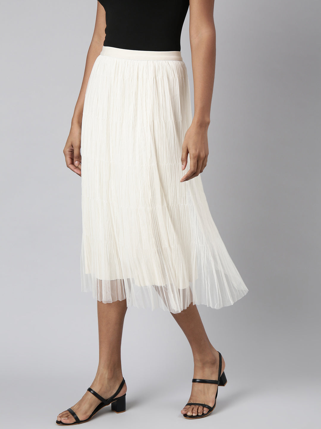 Women's Cream Self Design Flared Midi Tulle Skirt