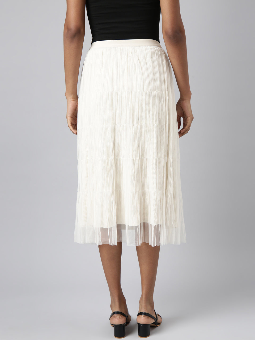 Women's Cream Self Design Flared Midi Tulle Skirt