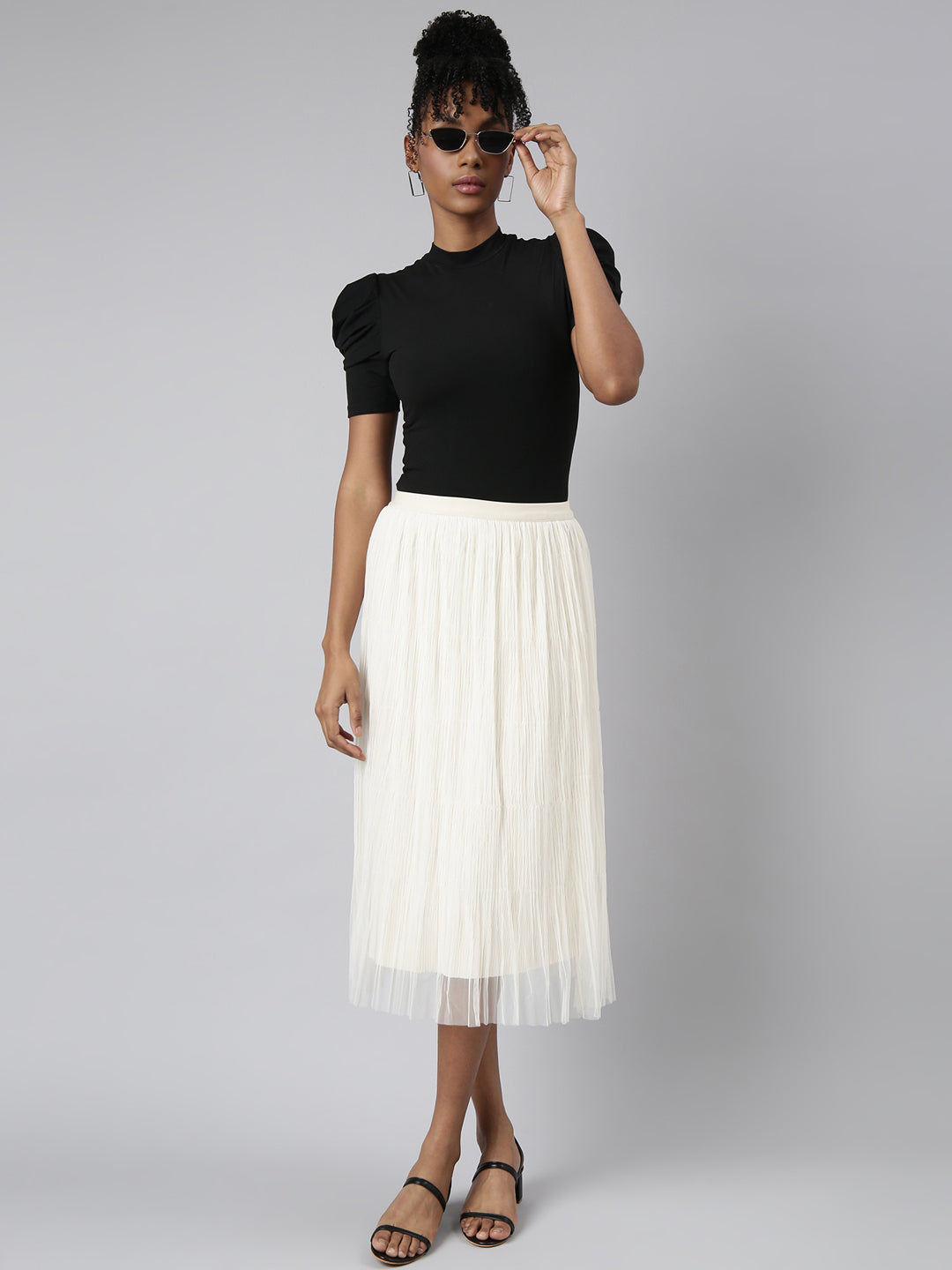 Women's Cream Self Design Flared Midi Tulle Skirt