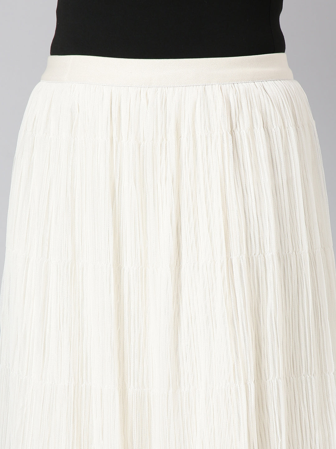 Women's Cream Self Design Flared Midi Tulle Skirt
