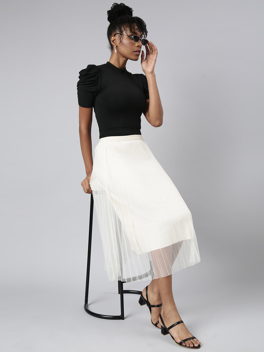 Women's Cream Midi Flared Skirt