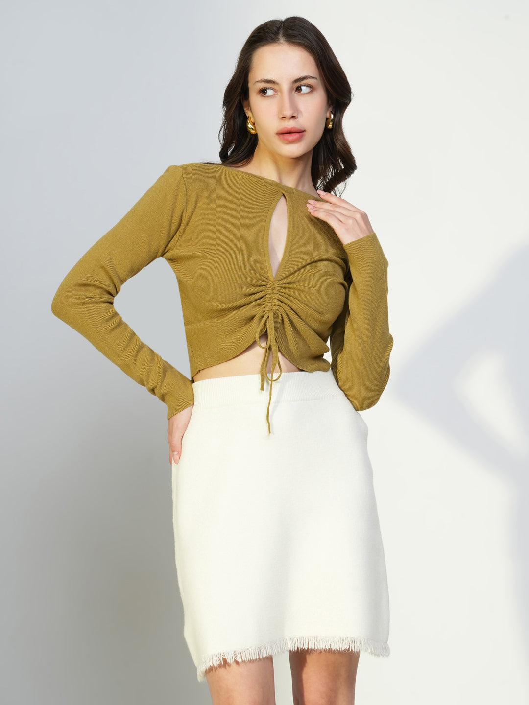 Women's Olive Boat Neck Crop Top