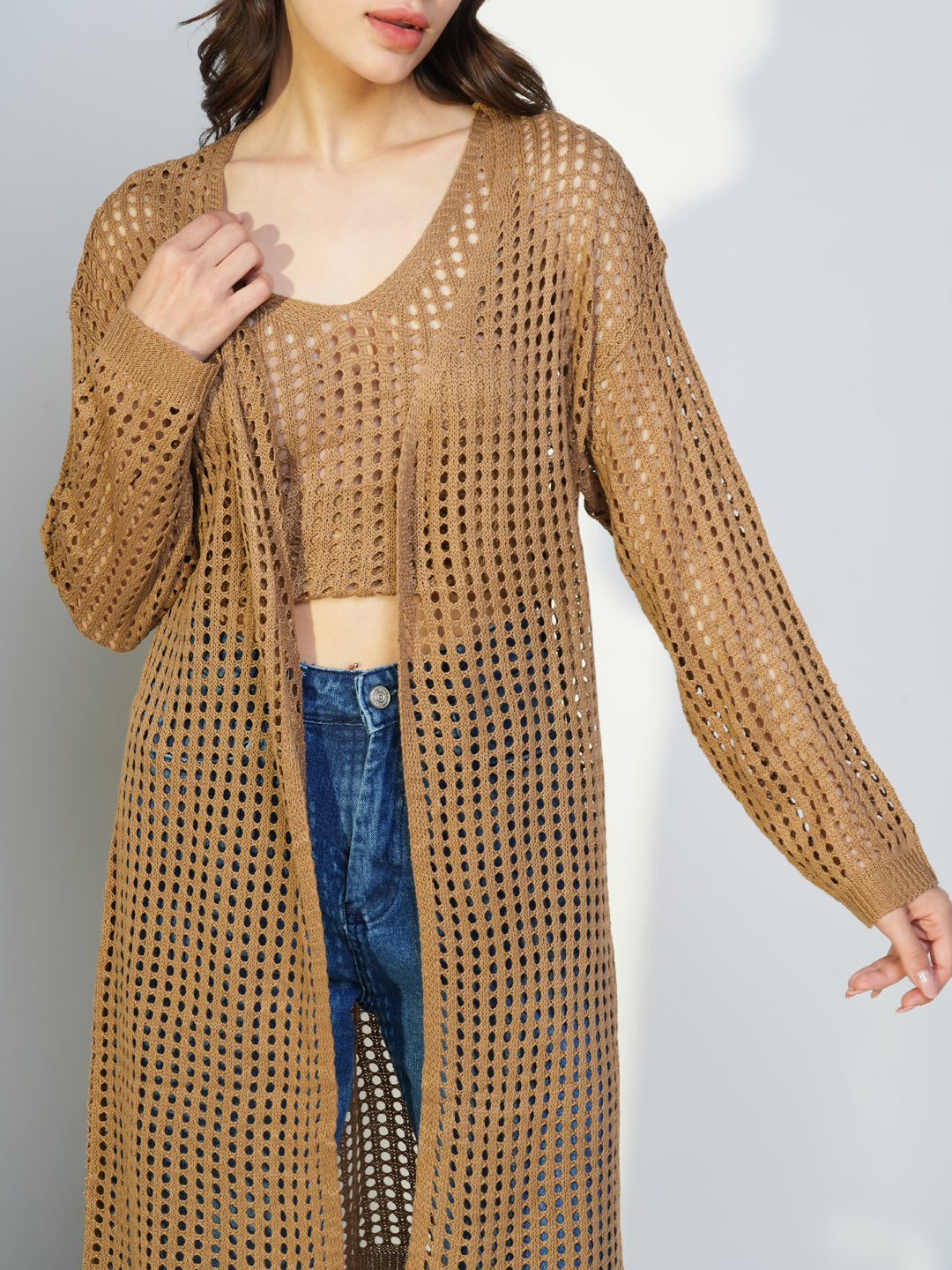 Women's Brown Self Design Crochet Crop Top