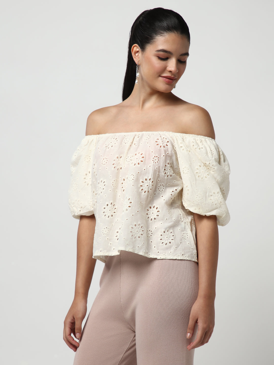 Women's Cream Self Design Off-Shoulder Puff Sleeve Schiffli Crop Top