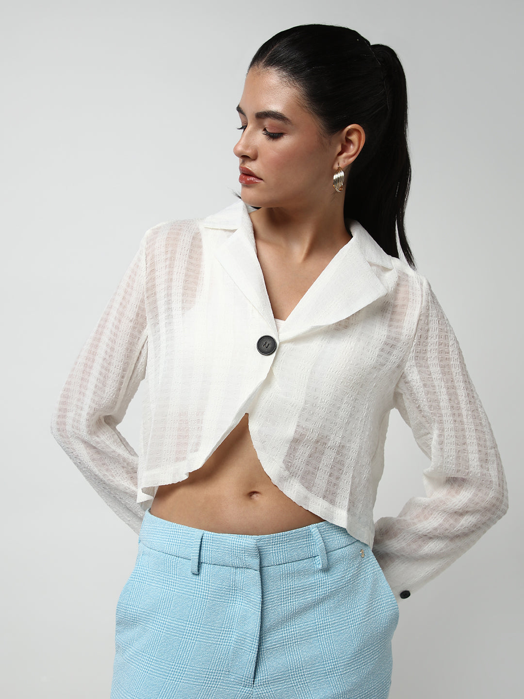 Women's Off White Lapel Collar Cotton Shirt Style Crop Top