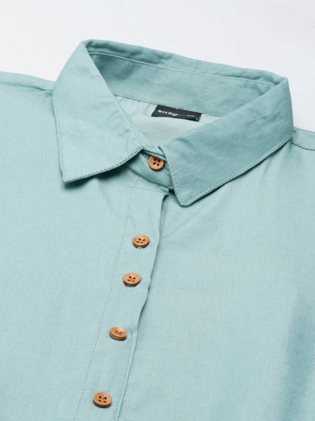 Women's Sea Green Shirt Collar Roll-Up Sleeves Belted Shirt Dress