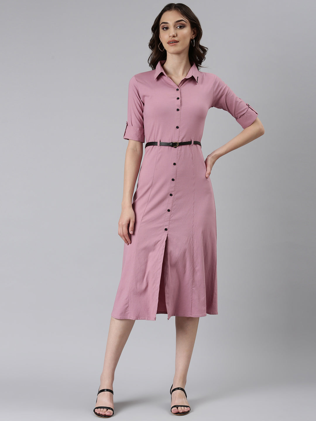 Women's Pink Shirt Collar Belted Cotton A-Line Dress