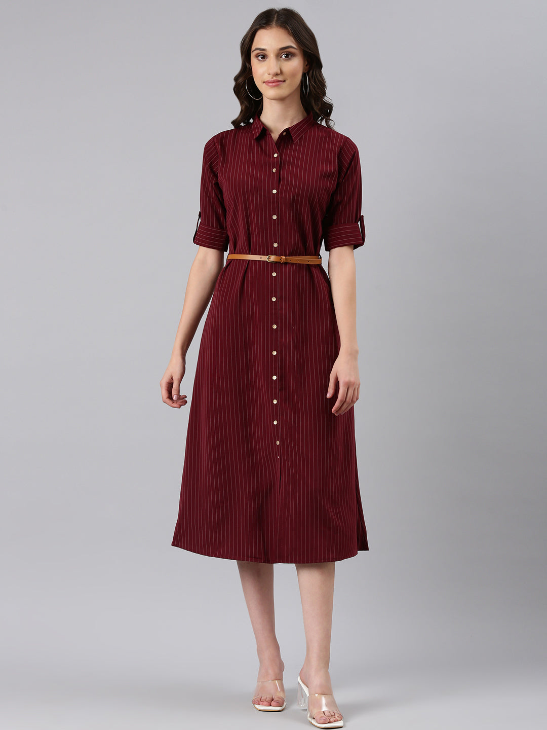 Women's Maroon Striped Shirt Midi Dress