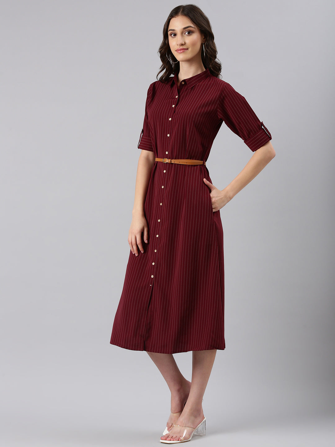 Women's Maroon Striped Shirt Midi Dress