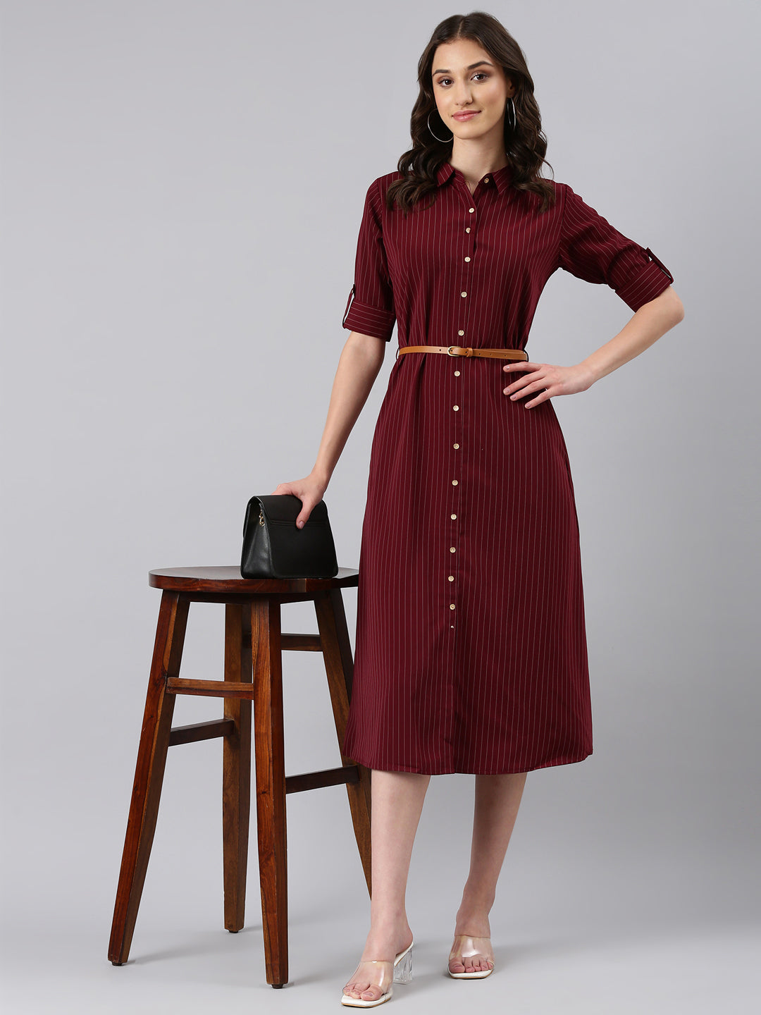 Women's Maroon Striped Shirt Midi Dress
