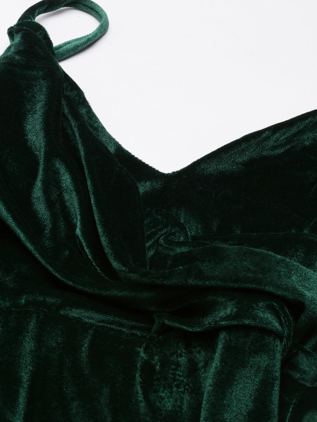 Women's Green Shoulder Straps Slit Velvet A-Line Midi Dress