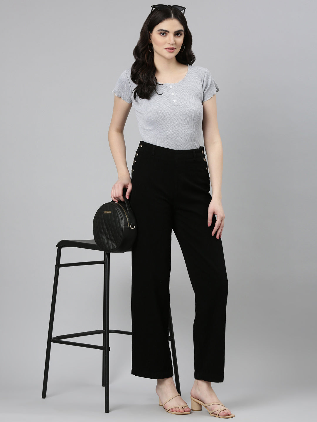 Women's Black High-Rise Cotton Wide Leg Denim Jeans