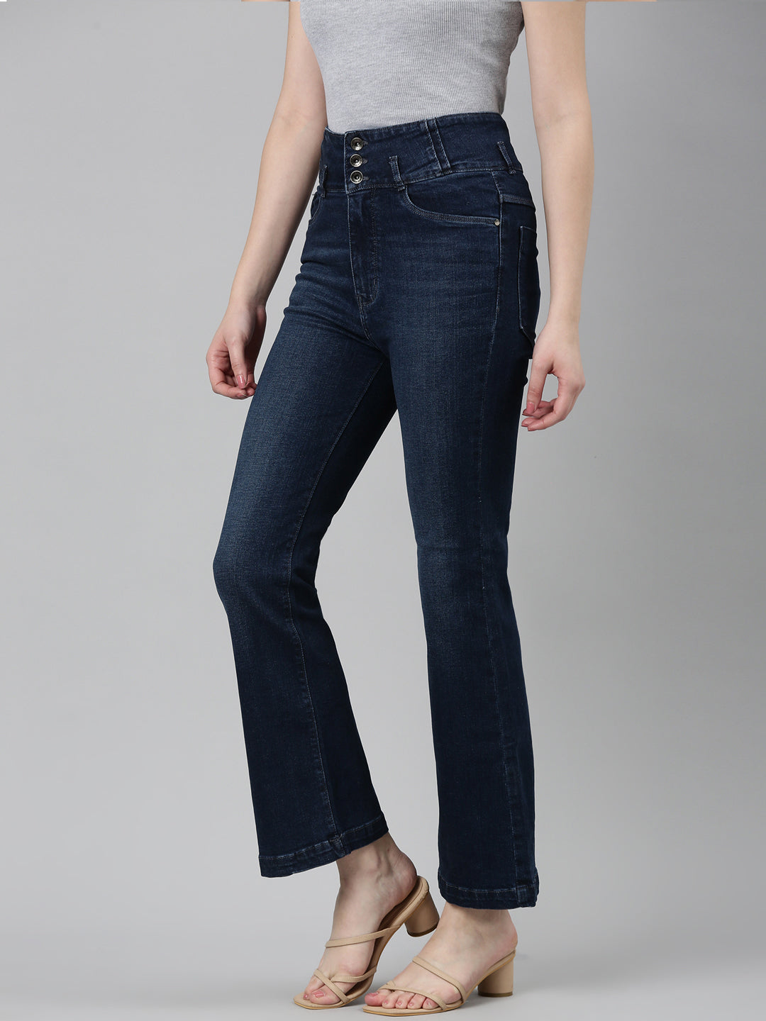 Women's Navy Blue Flared Light Fade Denim Jeans