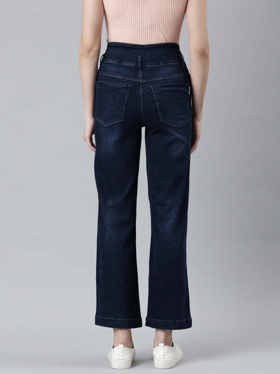 Women's Navy Blue Straight Fit Light Fade Acid Wash Denim Jeans