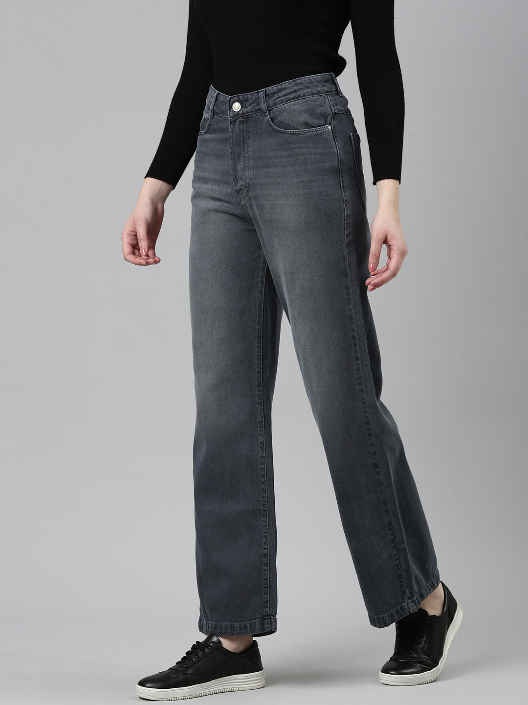 Women's Grey Wide Leg Low Distress Light Fade Denim Jeans
