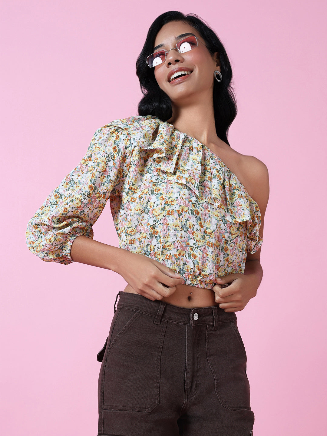 Women's Yellow Floral Crop Top