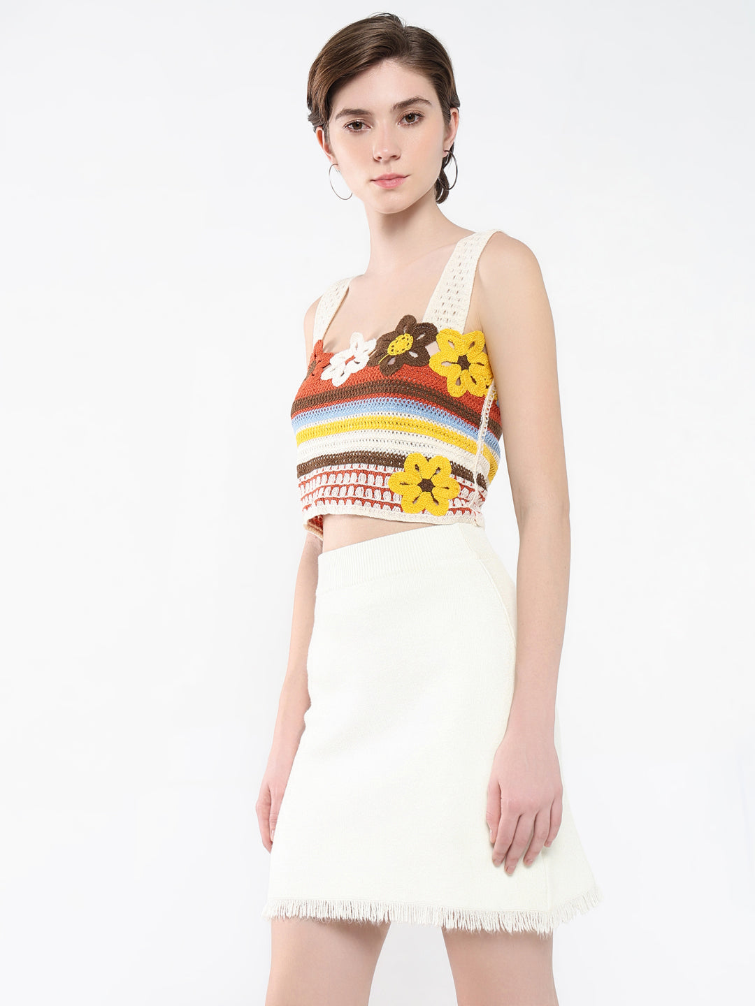 Women's Cream Floral Embroidered Shoulder Straps Acrylic Top