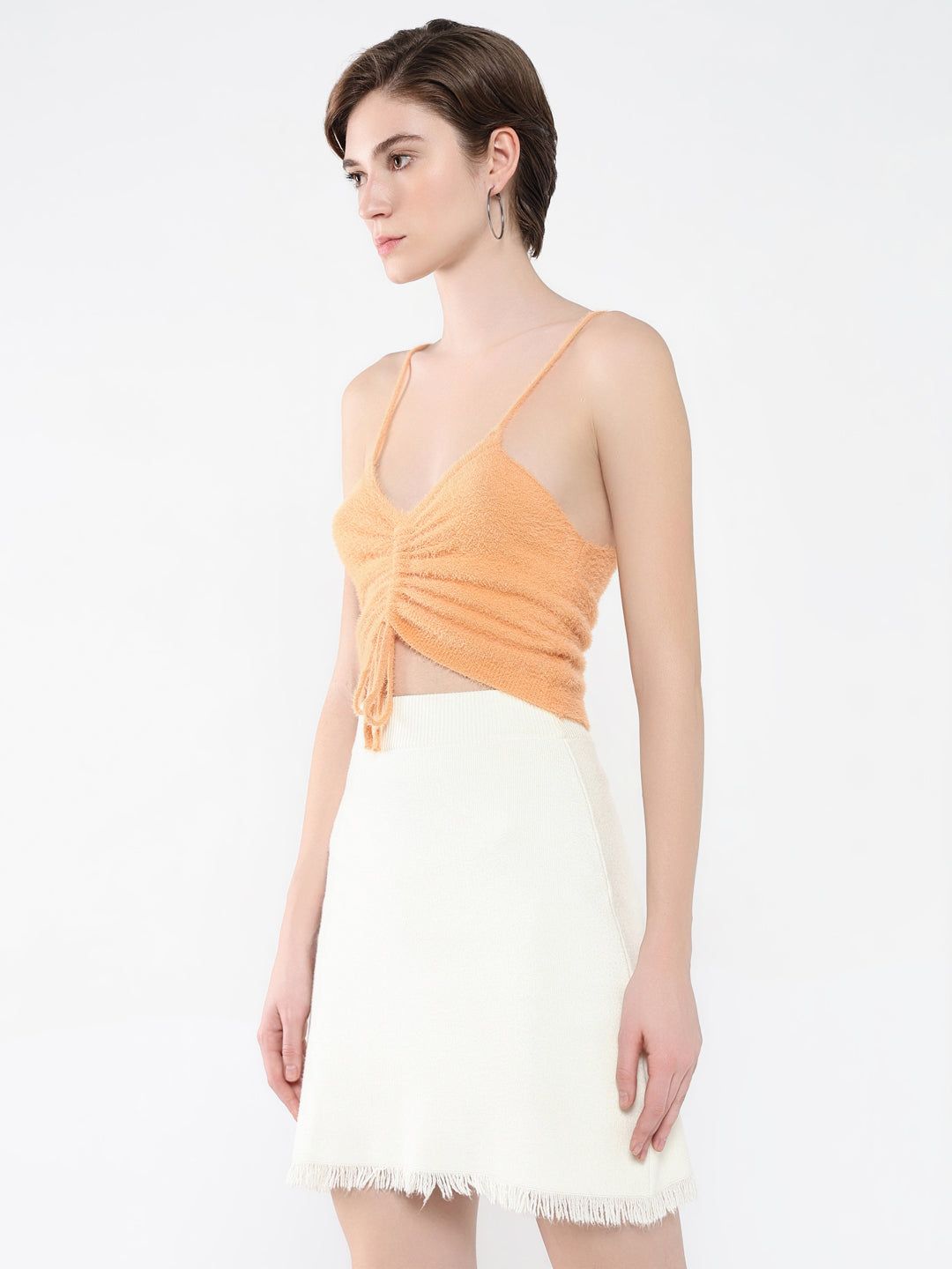 Women's Peach Self Design Shoulder Straps Acrylic Top