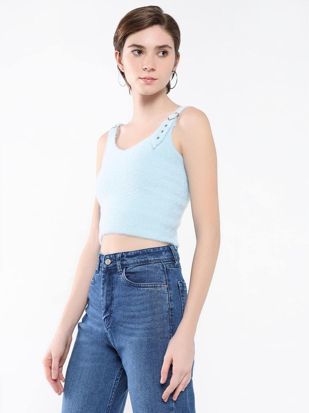 Women's Blue Self Design Scoop Neck Acrylic Top