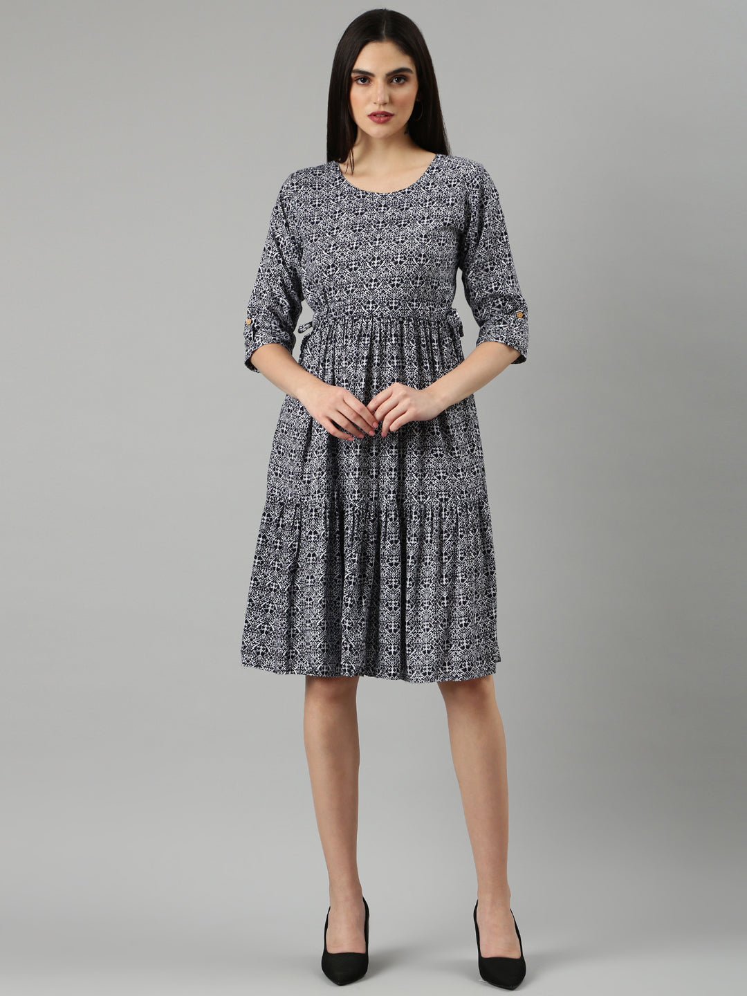 Women's Navy Blue Geometric Printed Roll Up Sleeves Fit And Flare Dress