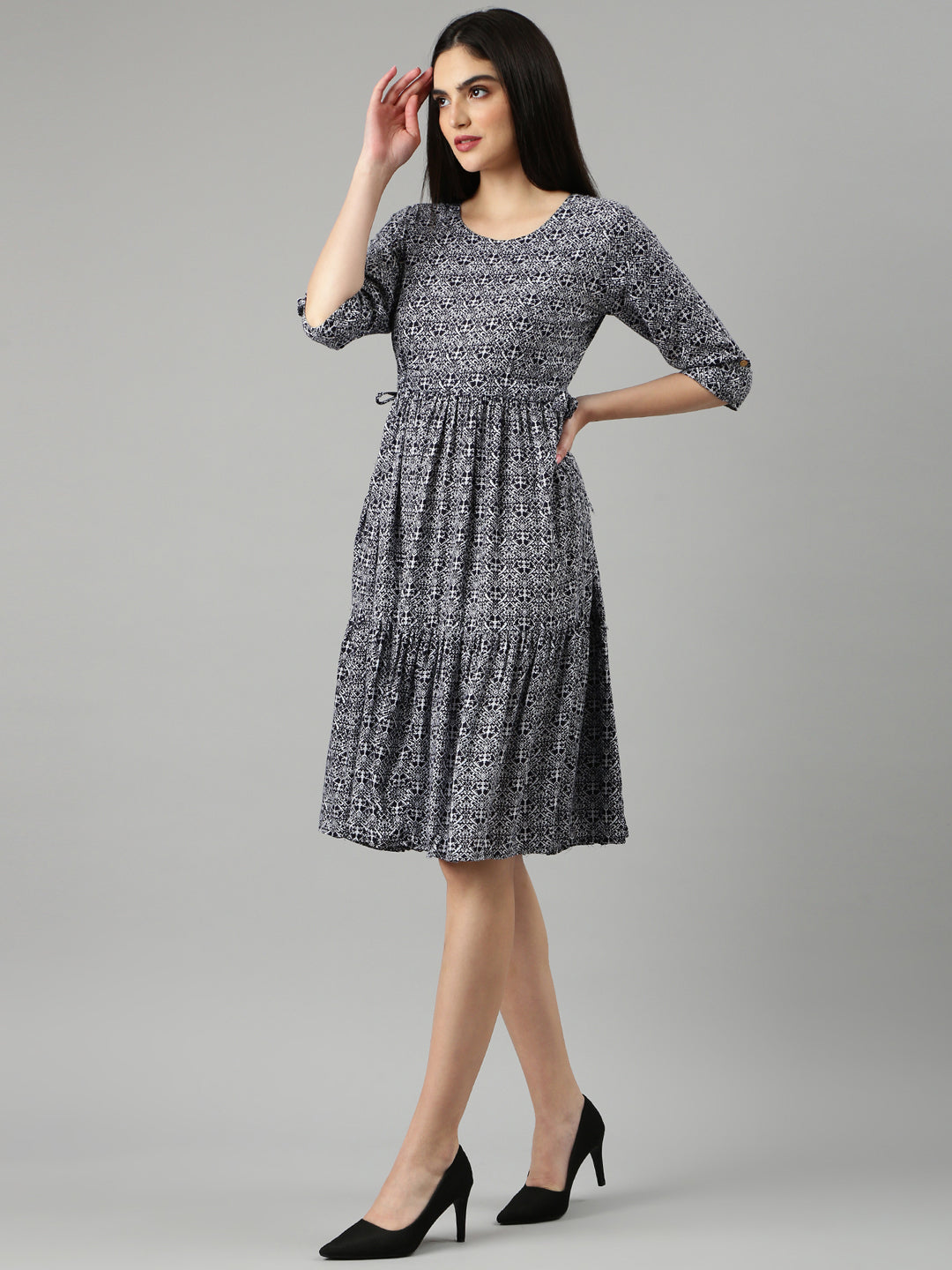 Women's Navy Blue Geometric Printed Roll Up Sleeves Fit And Flare Dress
