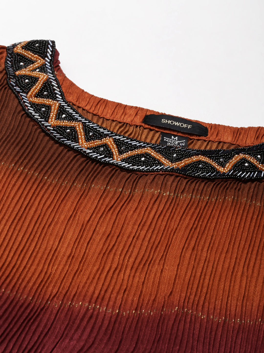 Women's Brown Colour blocked Embellished Accordion Pleated Georgette Fit & Flare Dress With Belt