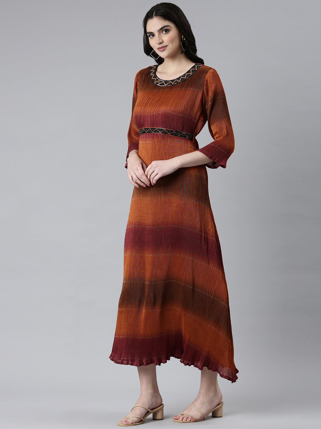 Women's Brown Colour blocked Embellished Accordion Pleated Georgette Fit & Flare Dress With Belt
