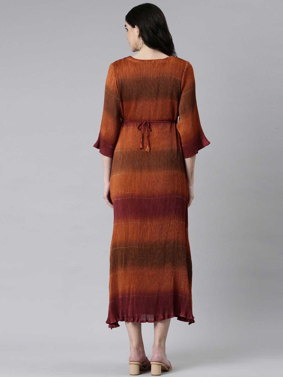 Women's Brown Colour blocked Embellished Accordion Pleated Georgette Fit & Flare Dress With Belt