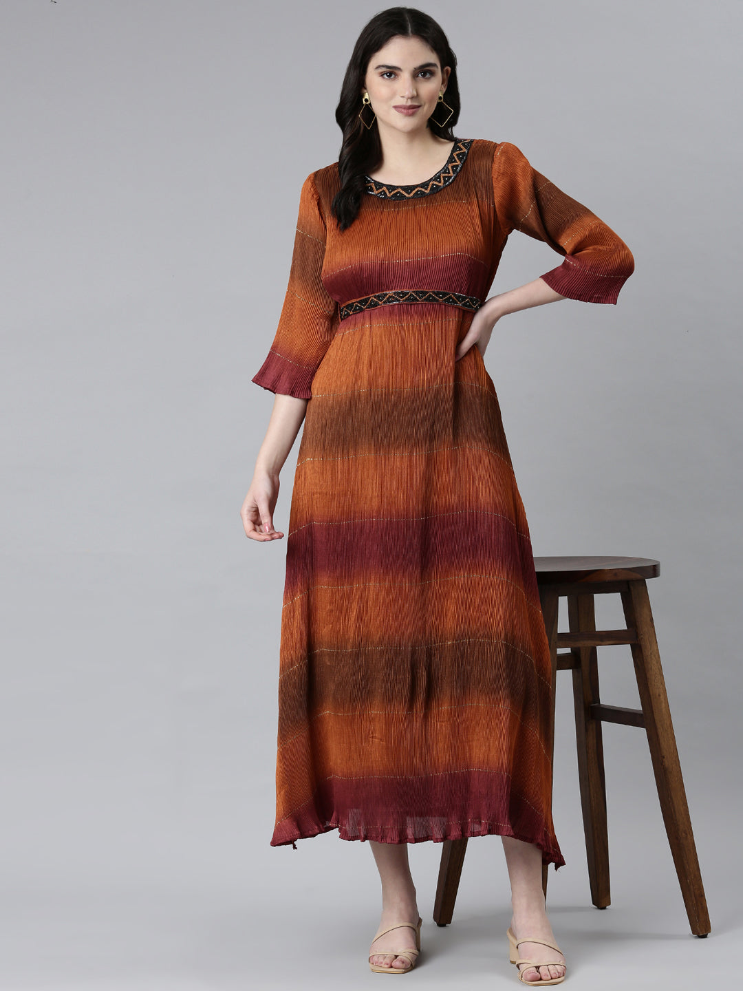 Women's Brown Colour blocked Embellished Accordion Pleated Georgette Fit & Flare Dress With Belt